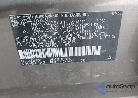 2010 Toyota Rav4 из США, поврежденный, VIN 2T3BF4DV7AW046622